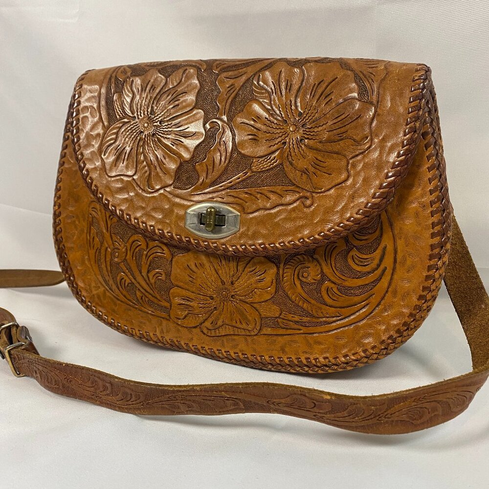 Western Hand Tooled Leather Handbag VTG Handmade Floral Purse Strap Brass